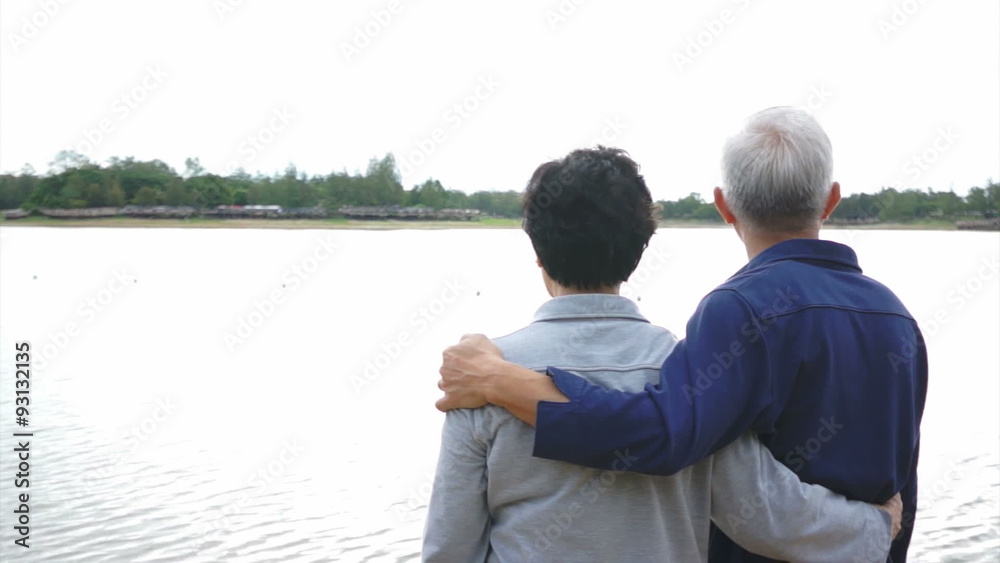 Video of Happy asian senior couple pointing, talking and walk through the park with mountain background Video of Happy asian senior couple pointing, talking and walk through the park with mountain background