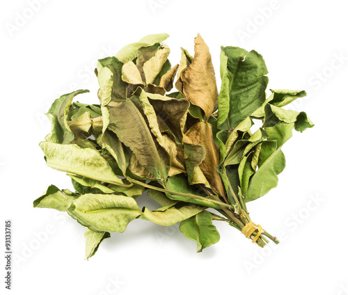 kaffir lime leaves, thai dry herb isolated on white background