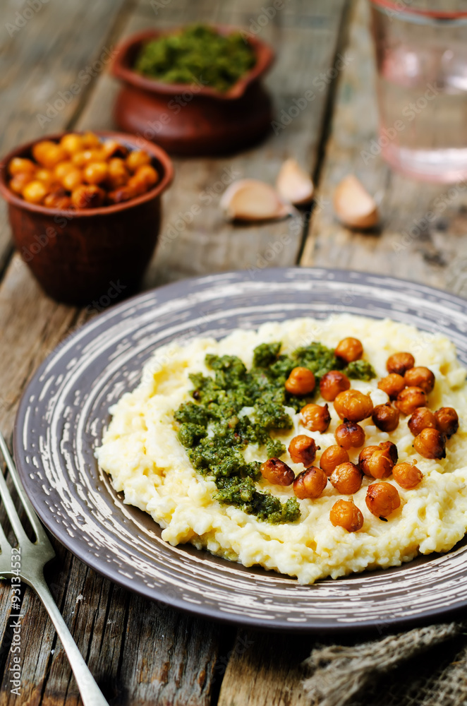 cheese polenta with Basil nuts pesto and roasted spicy chickpeas