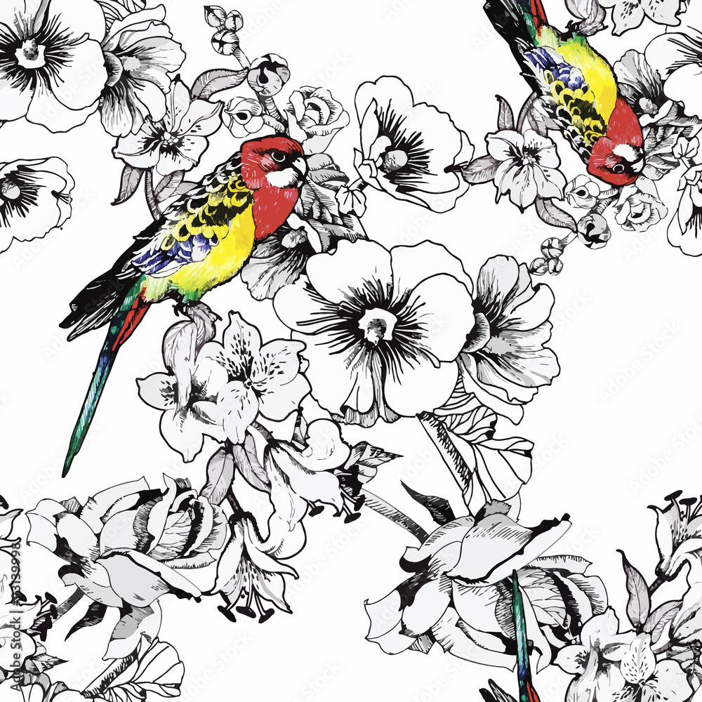 Exotic birds parrot with flowers colorful seamless pattern