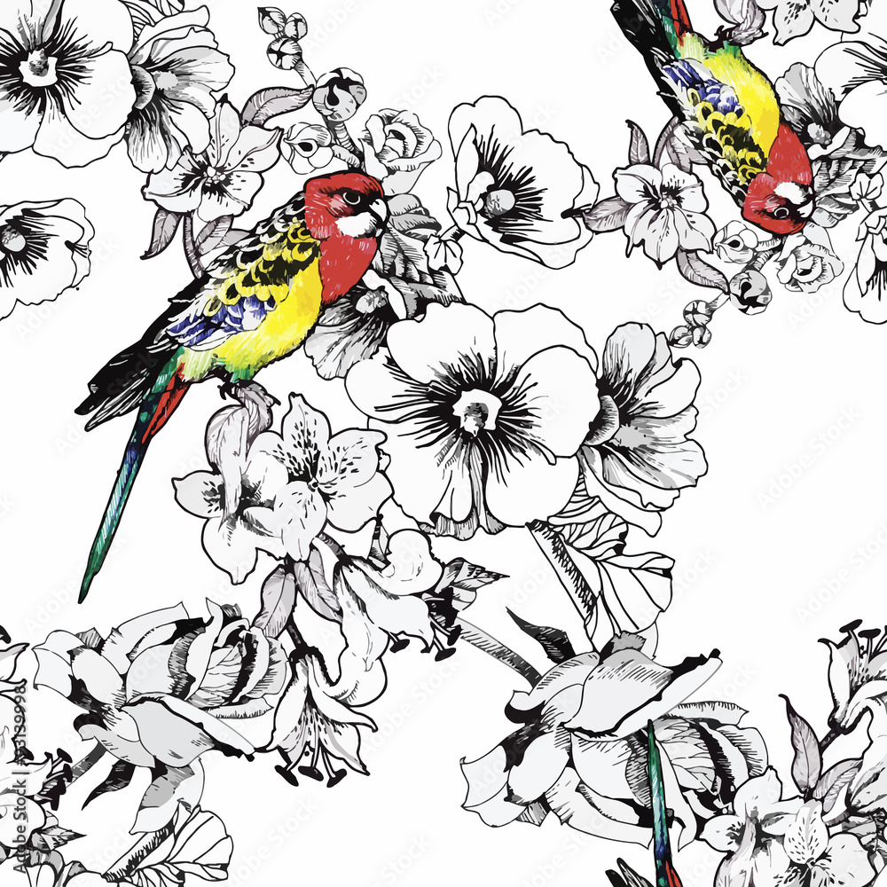 Fototapeta premium Exotic birds parrot with flowers colorful seamless pattern