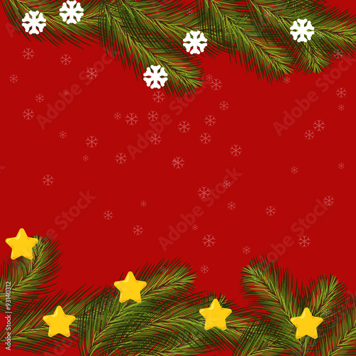 Christmas card with fir branches, stars and snowflakes.