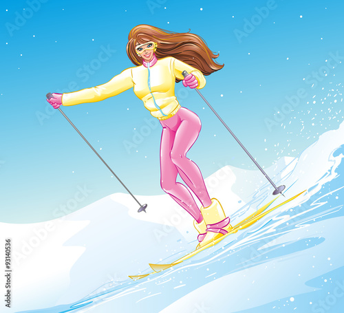 Beautiful athletic brunette smiling girl in the mountains has been skiing extreme active winter sports in the New Year and Christmas holidays, spends his free time and vacation, vector
