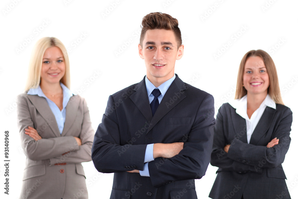 Group of business people, start-up team, ok hand sign, isolated over background Group of business people, start-up team, ok hand sign, isolated over background