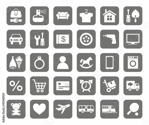 Icons, online store, product categories, monotone, grey background. 