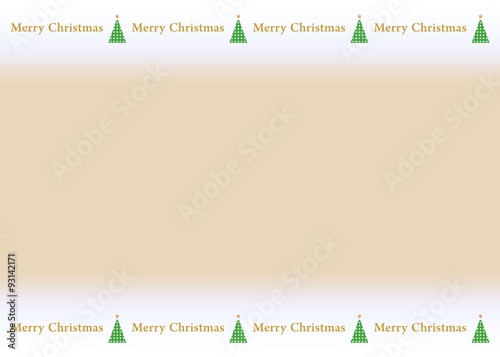 Golden Christmas card with golden inscription happy Christmas and a green Christmas tree with a red star on top and bottom sides