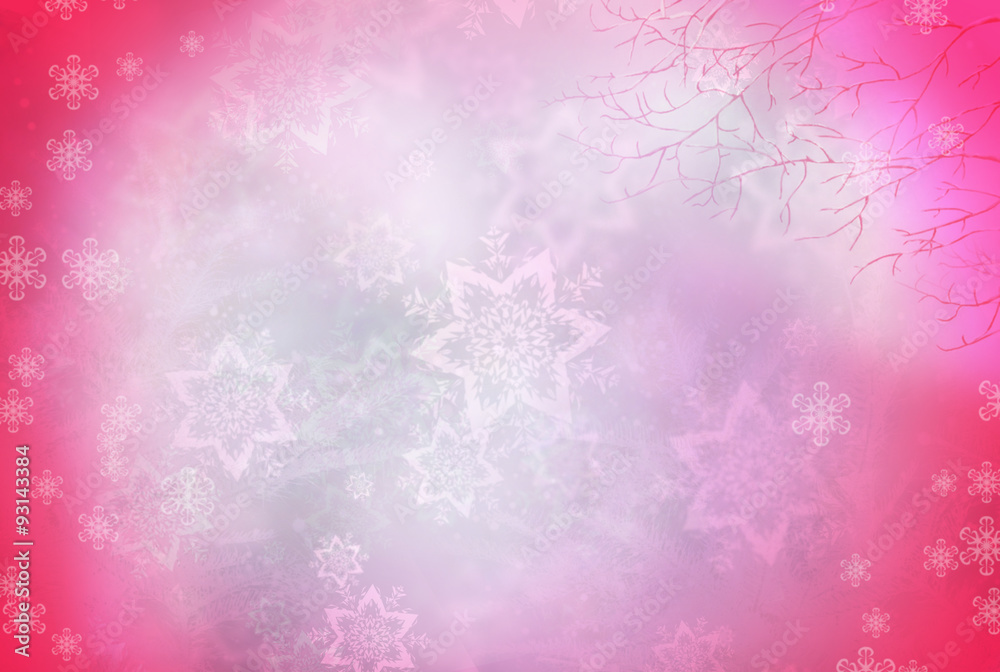 Pretty pink background with white snowflakes, branch and flowers Pretty pink background with white snowflakes, branch and flowers