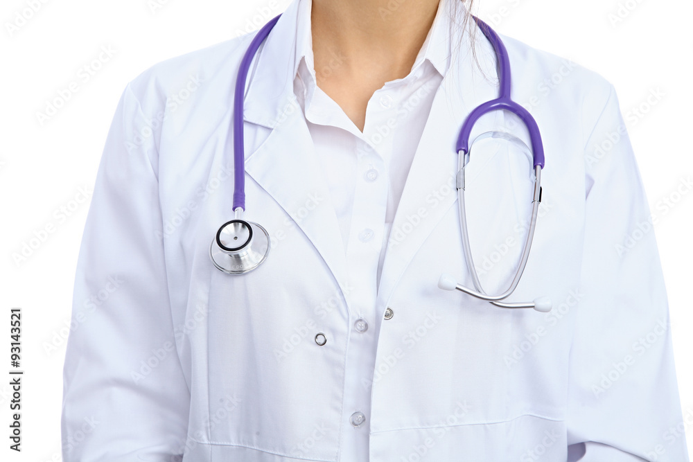 Female doctor with stethoscope, isolated over white background Female doctor with stethoscope, isolated over white background