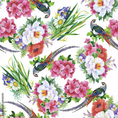 Seamless pattern with summer herbs and birds. Watercolor