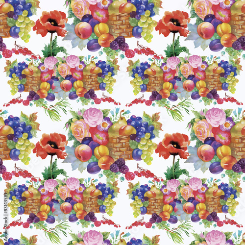 Fruits and flowers, watercolor seamless  pattern.