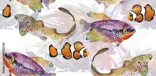 Marine life watercolor seamless pattern with Tropical fish 