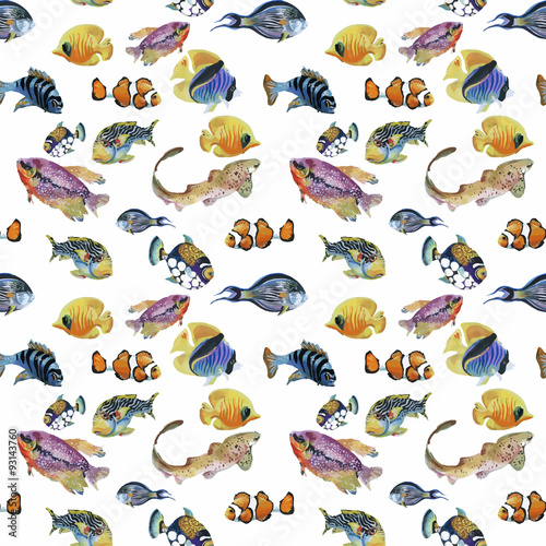 Marine life watercolor seamless pattern with Tropical fish 
