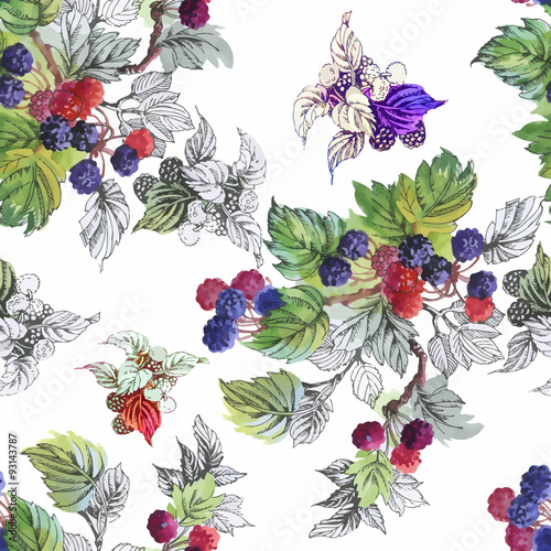 Fototapeta Naklejka Na Ścianę i Meble -  Seamless watercolor pattern with leafs and berries