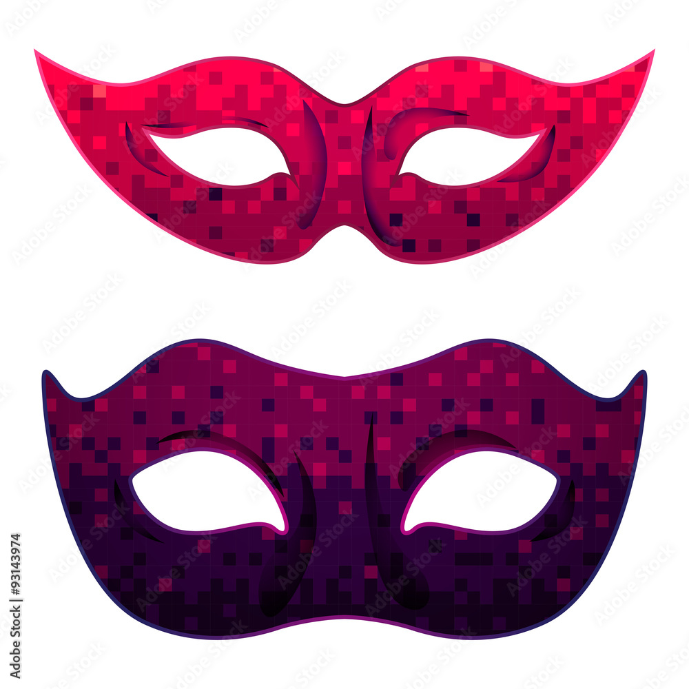 Vector carnival mask set for man and woman with abstract ombre pixel art background Vector carnival mask set for man and woman with abstract ombre pixel art background