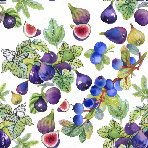 Seamless watercolor pattern with leafs and berries