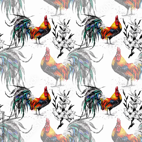 Seamless watercolor pattern with farm roosters silhouettes and