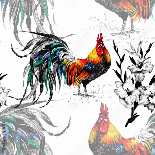 Seamless watercolor pattern with farm roosters silhouettes and