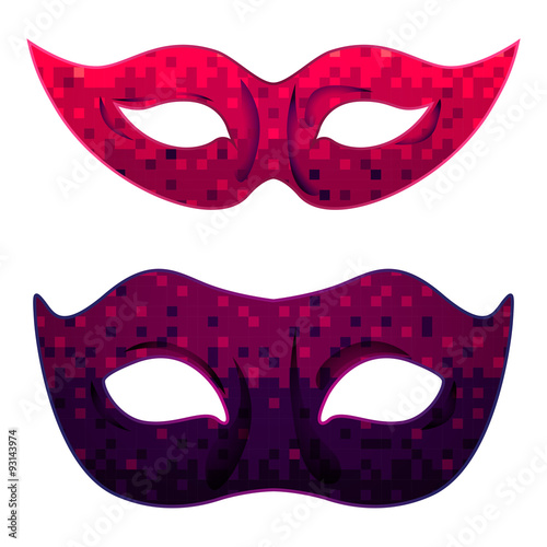 Vector carnival mask set for man and woman with abstract ombre pixel art background