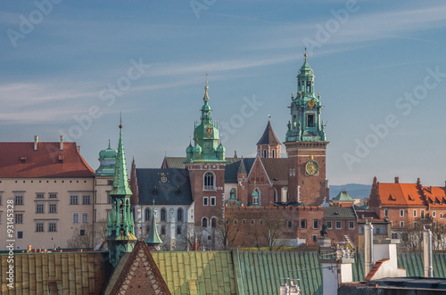 Royal castle and cathedral on the Wawel hill seen from the Town Hall tower in Krakow, Poland.