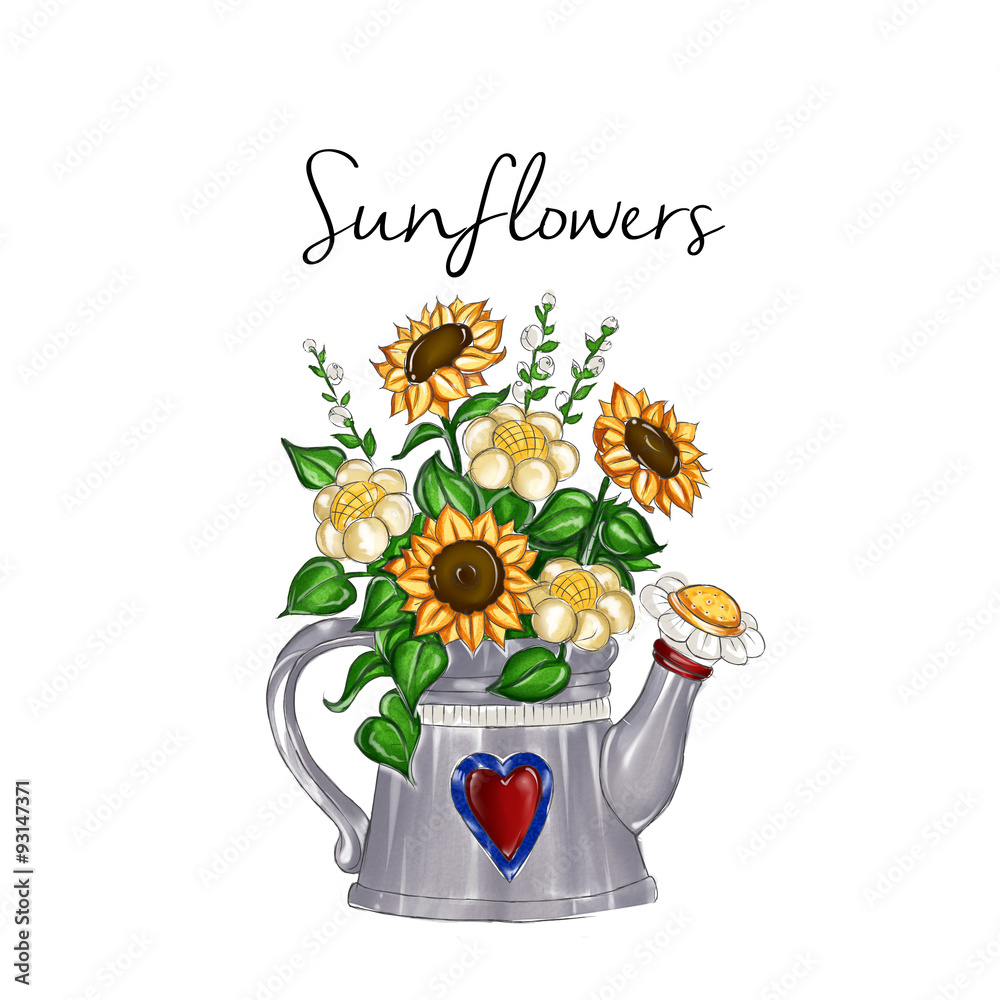Obraz premium watercolor hand drawn illustration - sunflower bouquet inside watering metal can 