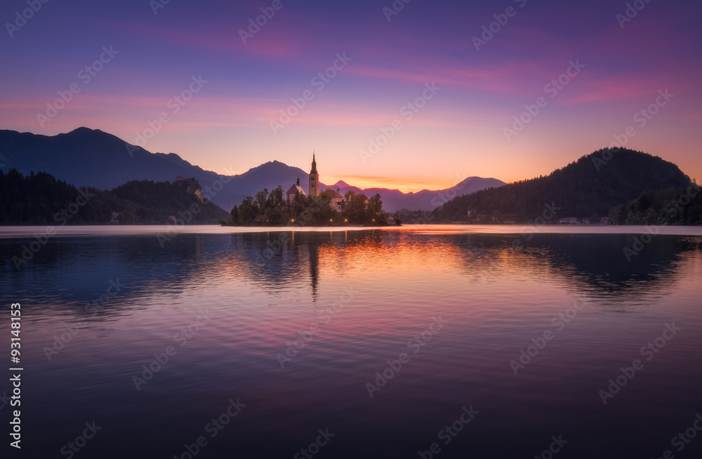 Island with Church in Bled Lake, Slovenia at Sunrise Island with Church in Bled Lake, Slovenia at Sunrise