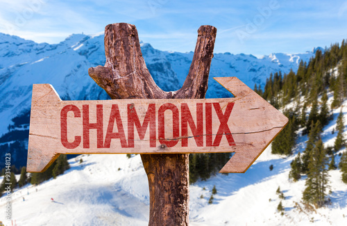 Chamonix wooden sign with winter background
