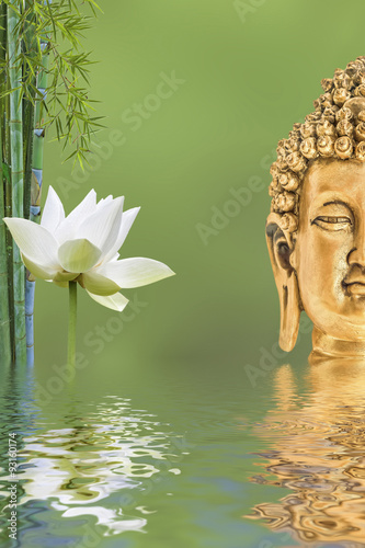 composition zen aquatique  bouddha  bambou  fleur de lotus 