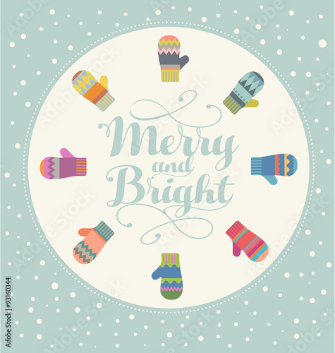Holiday card design with colorful mittens Merry and Bright
