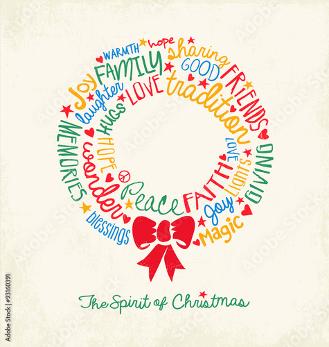handwritten word cloud Christmas Wreath Holiday Greeting Card 