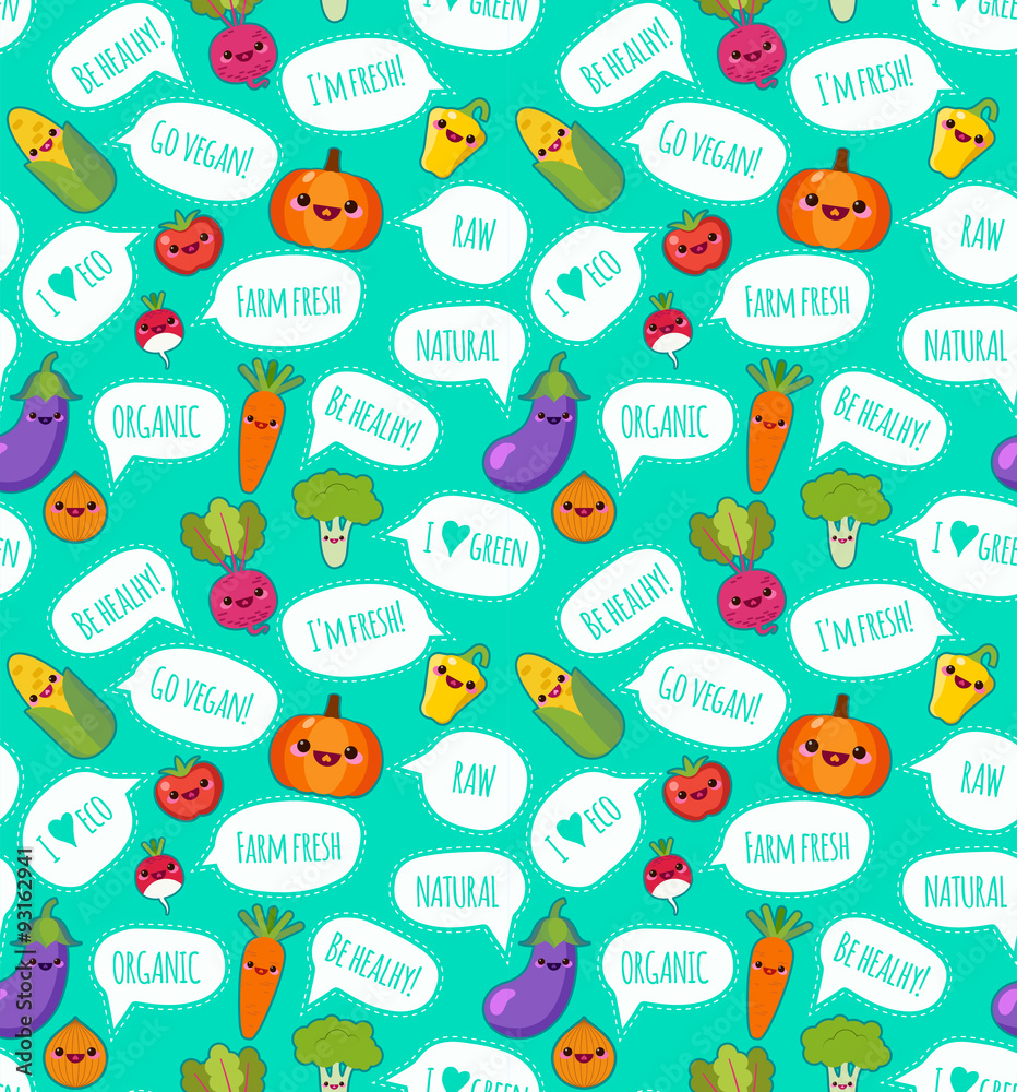 Cute funny vegetables with a speech bubble with a vegetarian label vector seamless pattern. Bright vegetables on white background. Can be used for textile, wallpaper, wrapping.