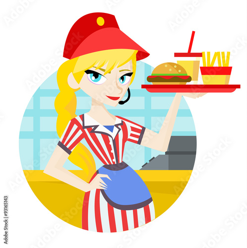 camarera sirviendo hamburguesa con papas fritas y bebida
