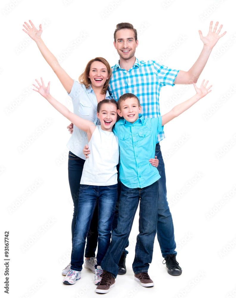 Young happy family with children raised hands up Young happy family with children raised hands up