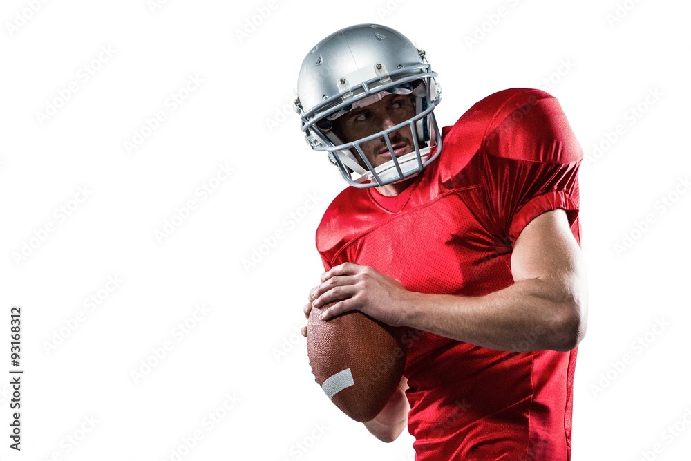 American football player in red jersey looking away
