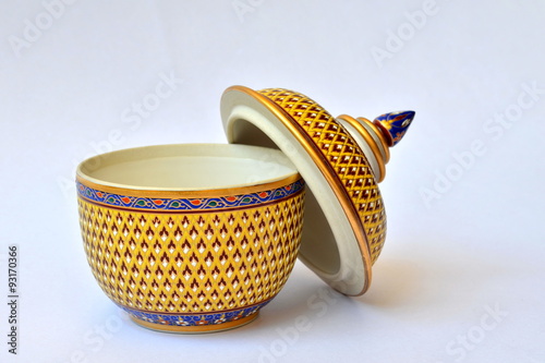 Thai benjarong porcelain/thai porcelain with designs in five colours. photo