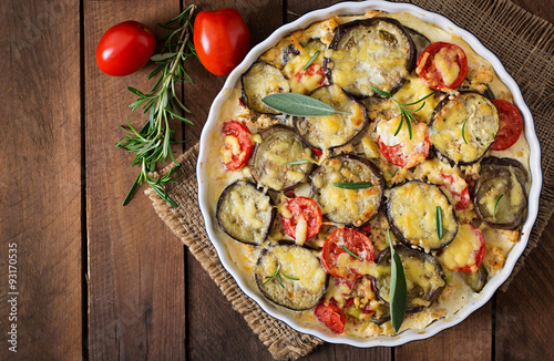 Moussaka (eggplant casserole) - a traditional Greek dish. Top view