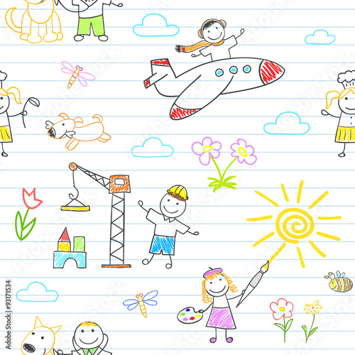 Seamless background with happy children's in work wear