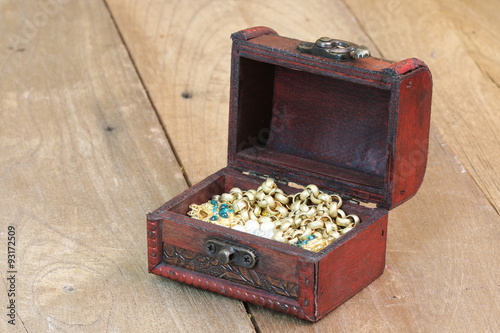 Treasure chest standing on wooden table