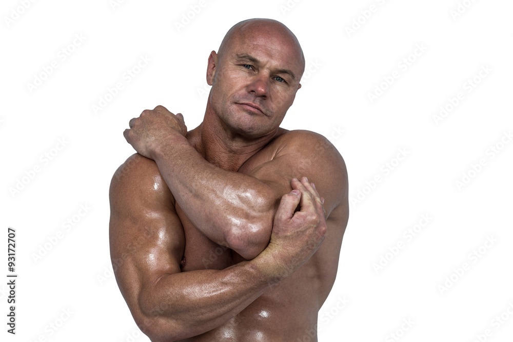 Portrait of bodybuilder stretching with hands Portrait of bodybuilder stretching with hands