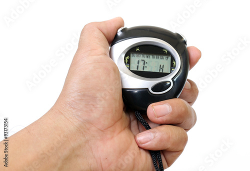 Hand holding Black digital stopwatch isolated on white background