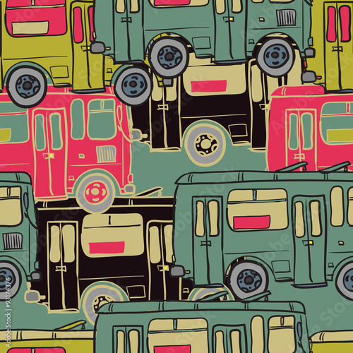 Textile seamless pattern of colored buses