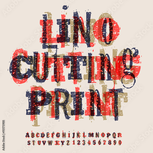 Linocut letters and numbers, alphabet for creating vintage design, vector illustration.