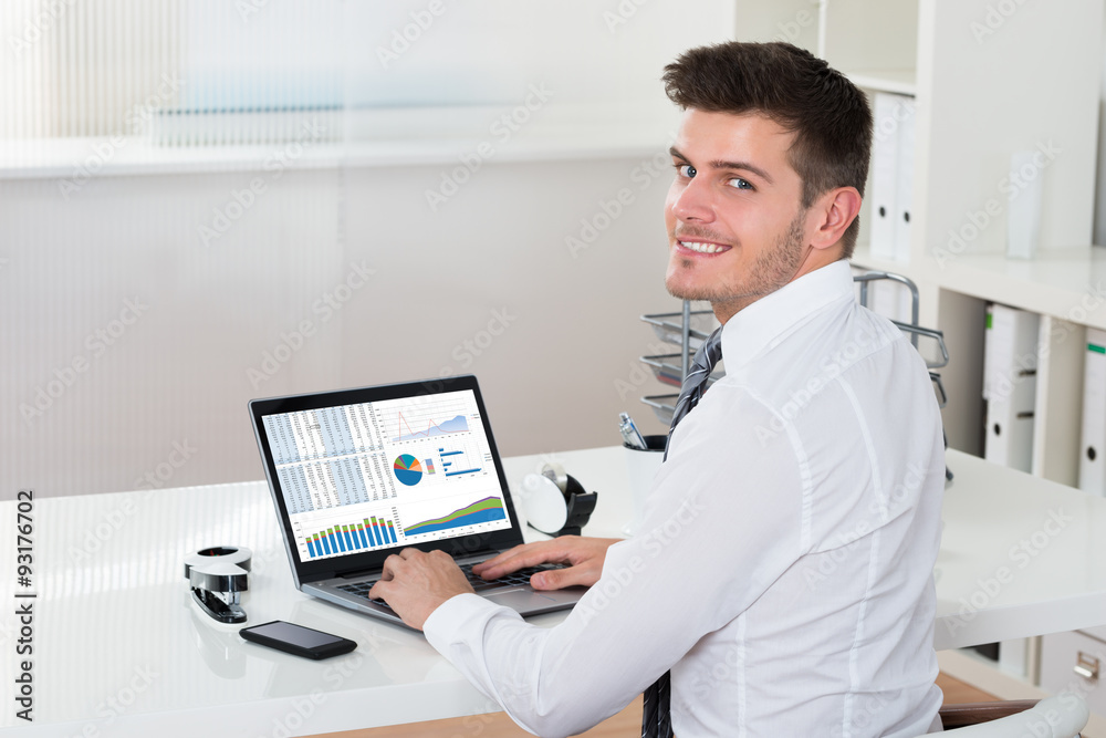 Businessman Analyzing Financial Statistics On Laptop