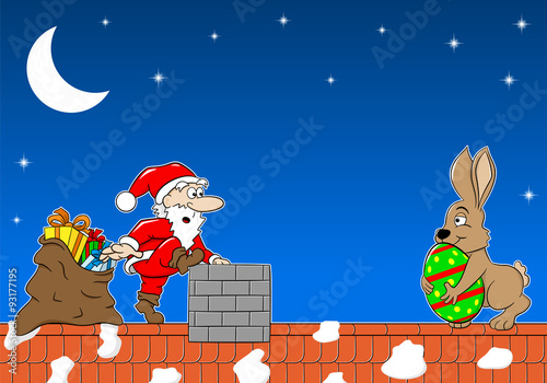 Weihnachtsmann trifft bei der Arbeit einen Osterhasen