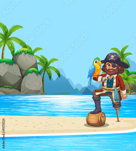 Pirate and parrot on the beach