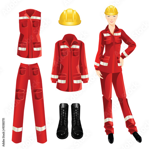 Woman worker in protective wear and helmet. Set of protective wear, shoes and yellow safety helmet on white background