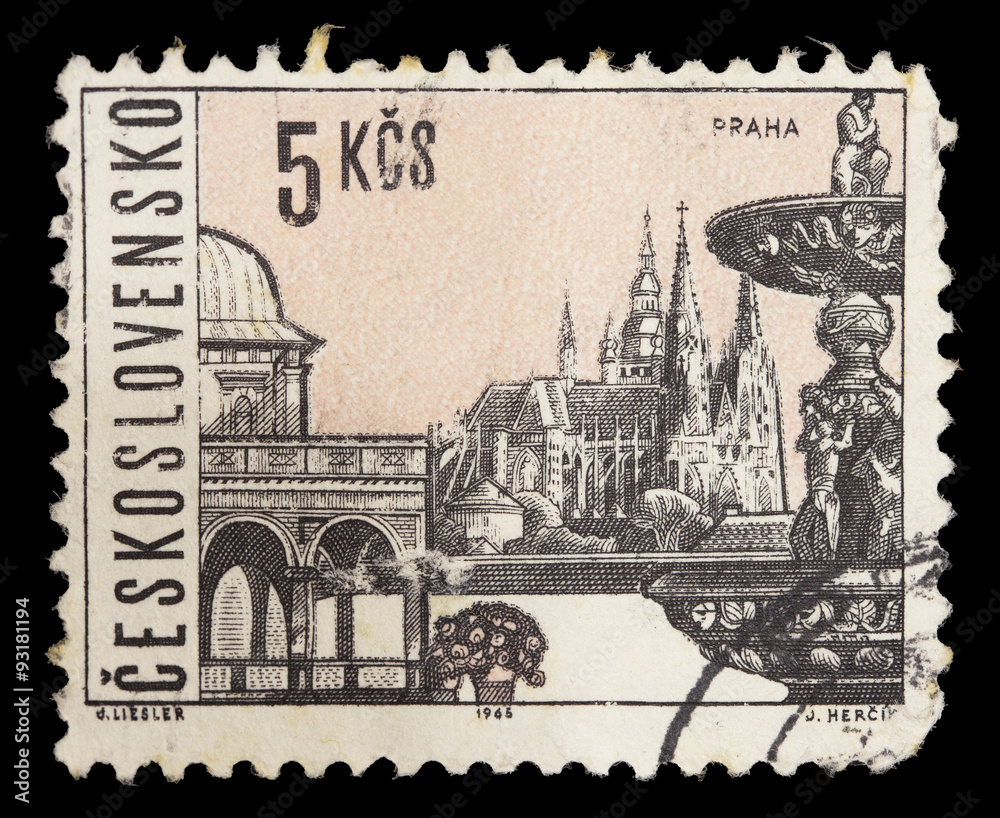 Postage stamp printed in Czechoslovakia showing historical building from the city of Prague