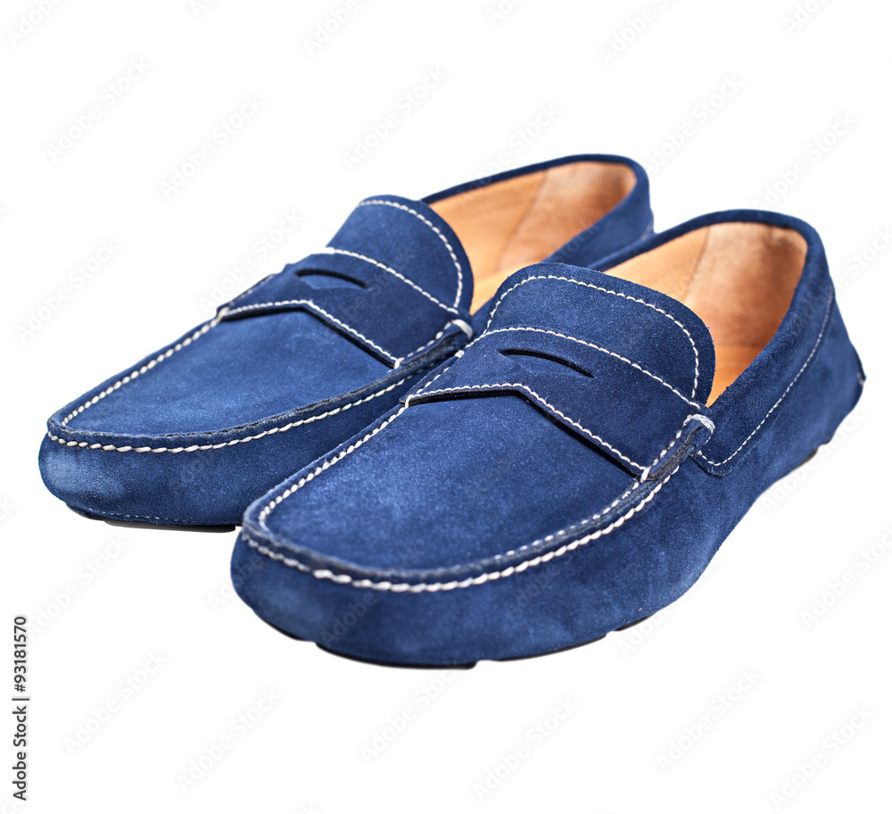 Pair of blue male suede shoes without laces isolated on white ba Pair of blue male suede shoes without laces isolated on white ba