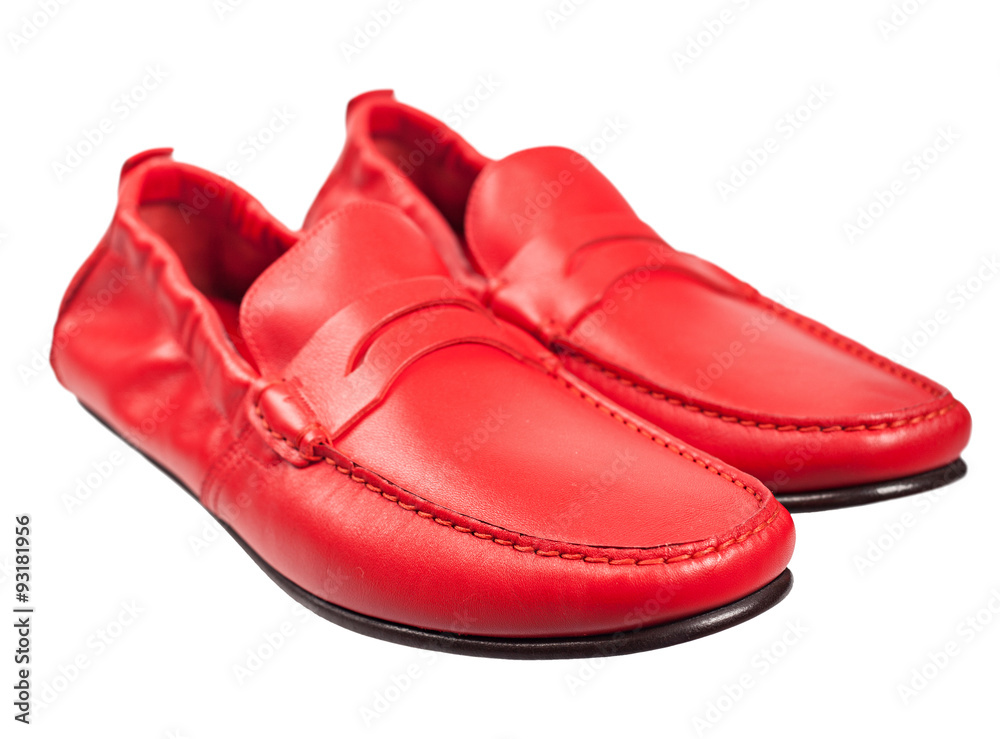 Pair of red leather male shoes isolated on white background