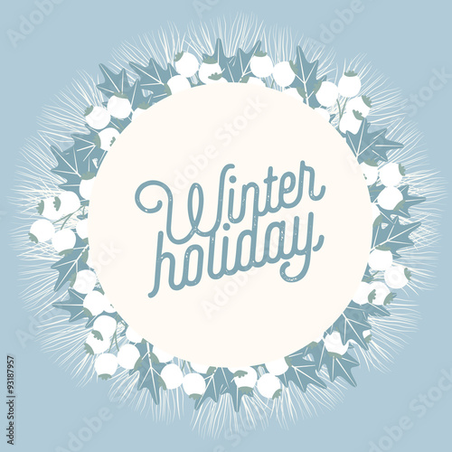 Winter holiday card with a circle banner. Vector design.