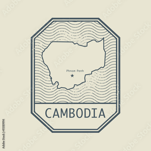 Stamp with the name and map of Cambodia